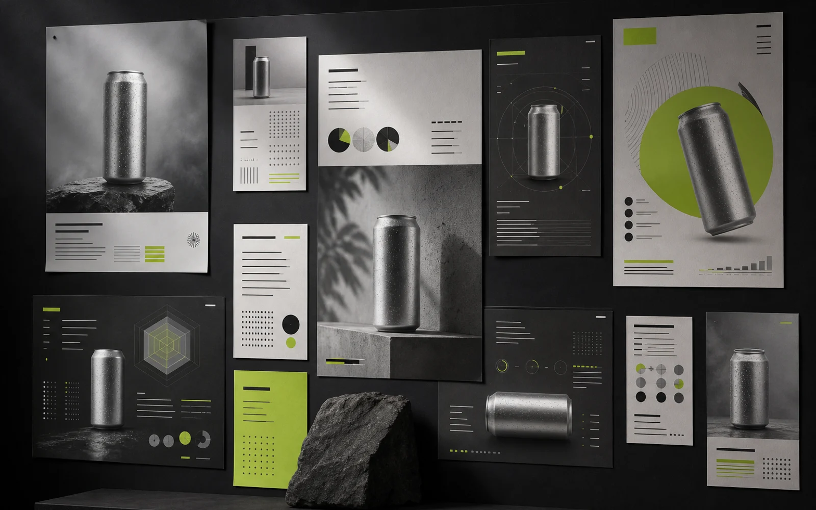 Editorial campaign layouts showing dense information and consistent product imagery