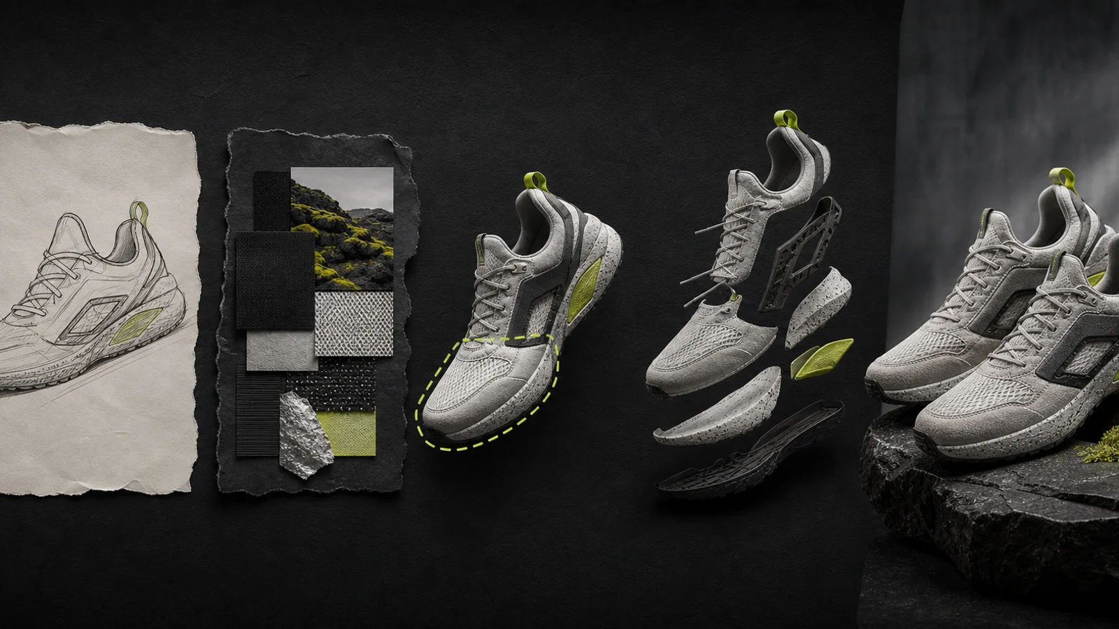 Four-stage sneaker design workflow from sketch and references to editable layers and final campaign image
