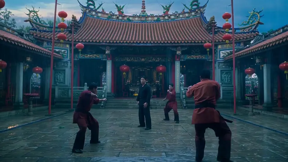 Rainy martial arts sequence shown beside related AI video models