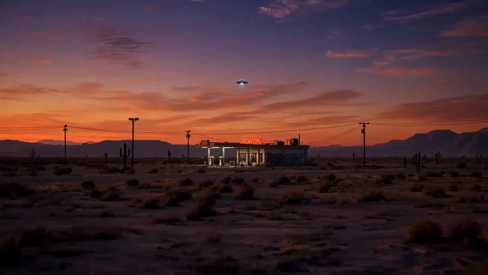 Desert scene with a mysterious flying craft as a text-to-video example